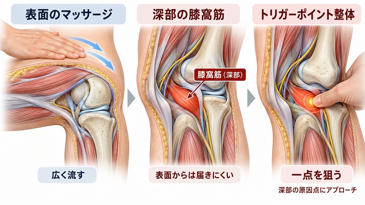 ひざ裏の断面イラスト。表面のマッサージは広く流すだけで、ひざ裏の深部にある膝窩筋には届きにくい。トリガーポイント整体は膝窩筋の一点を指で狙う