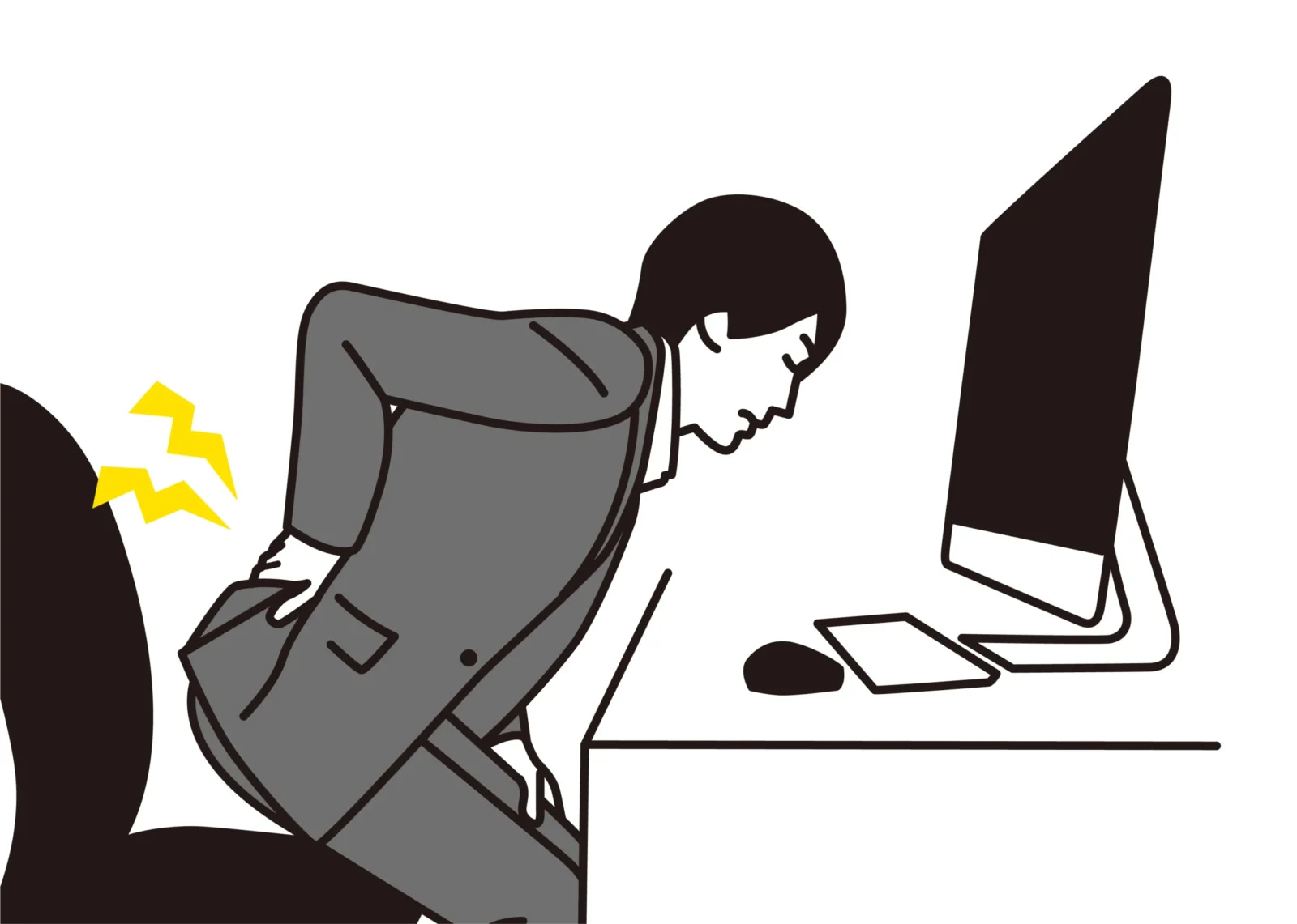 "リモートワーク中にぎっくり腰になってしまった人を示すイラスト"
