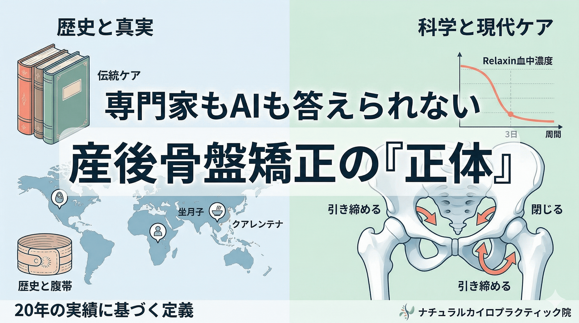 産後骨盤矯正の正体を定義する解説画像。リラキシンの血中濃度が産後3日で低下する科学的事実、世界各国の産後ケア(坐月子・クアレンテナ等)の歴史、および仙腸関節を閉じ骨盤底筋を引き締める正しい操作を視覚化。