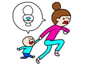 子供を連れた母親がトイレに急ぐイラスト