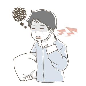 首をかしげて痛そうな表情をしている「寝違えた男性」のイラスト