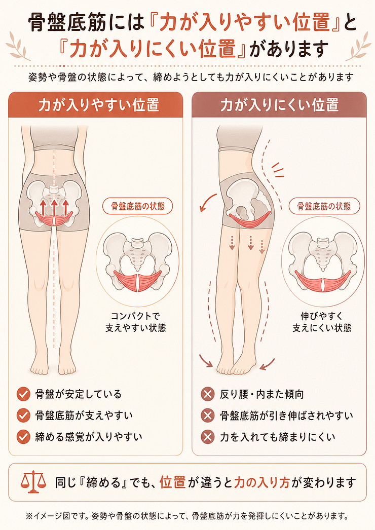 骨盤底筋には力が入りやすい位置と入りにくい位置があるという当院の見立てを表したイメージ図。骨盤が安定していると締める感覚が入りやすく、反り腰・内また傾向では骨盤底筋が引き伸ばされて力が入りにくい